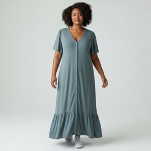 Penningtons Dusty Teal Button-Front V-Neck Maxi Dress